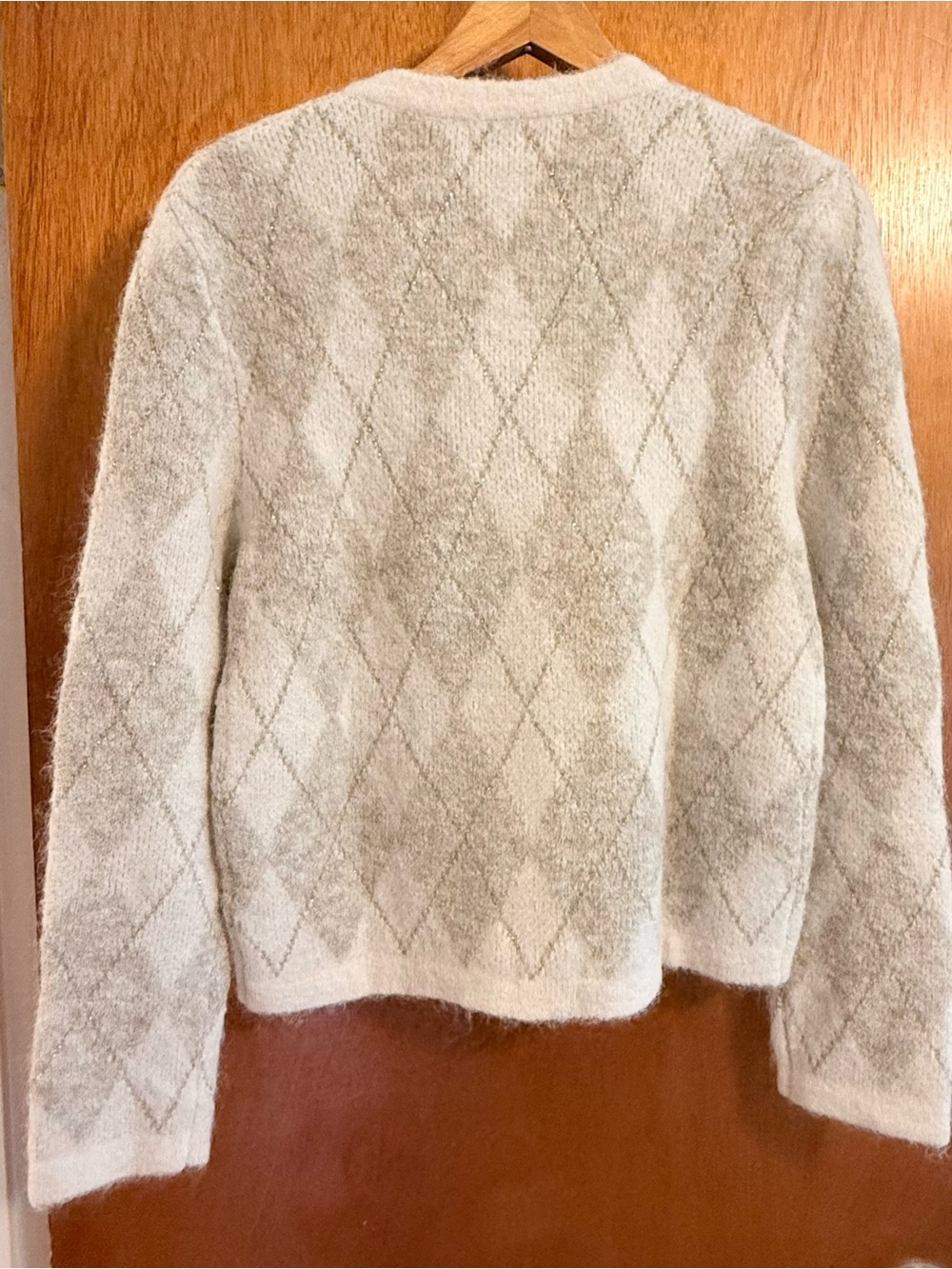 J. Crew Cream and Light Gray Argyle Fuzzy Button Cardigan - Picture 2 of 6